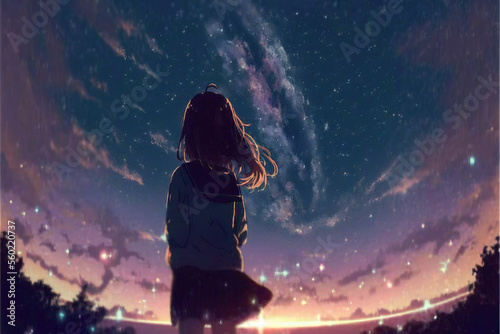 a lonely anime manga girl standing on a field and watching the sky, thinking about life, generative ai technology
 photo
