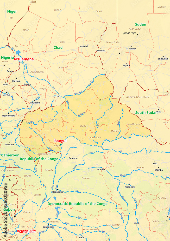 Central African Republic map with cities streets rivers lakes