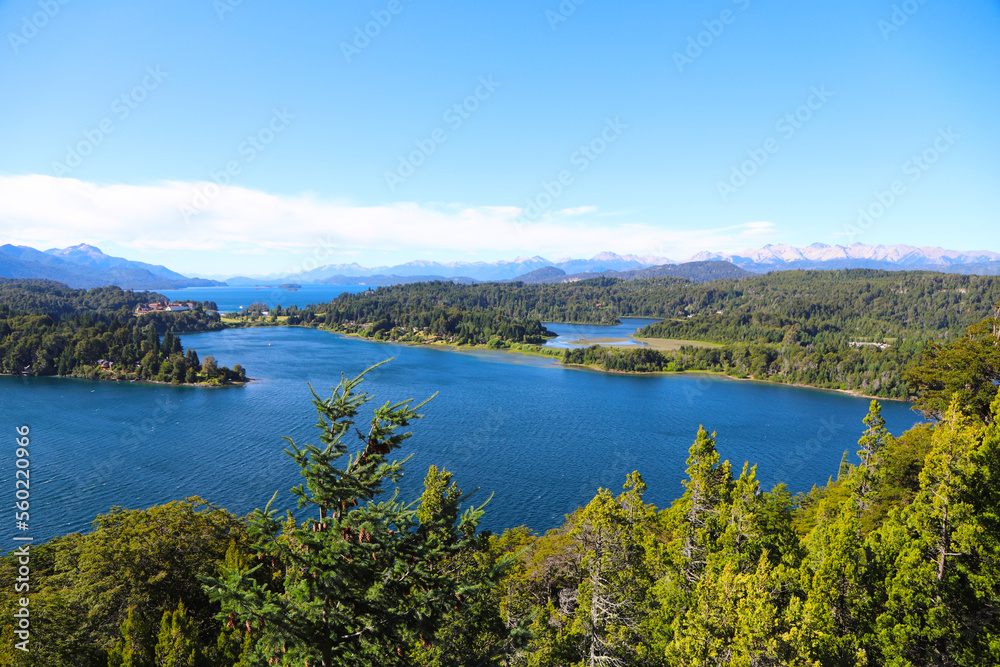 Landscape of Lake Nahuel Huapi. Bariloche, Río Negro, Argentina. Patagonia. Panoramic view. Touristic city. Mountains and lake. pine forests.  Islands. 
