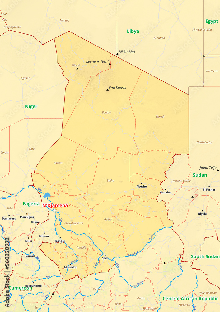 Chad map with cities streets rivers lakes