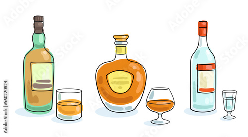 Set of three bottles of strong alcohol. Whiskey, cognac, vodka with glasses. Vector flat illustration in line style. Black contour with colored spots. Isolated on white. Template for menu design