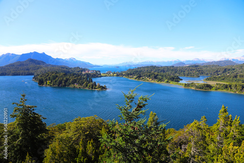 Landscape of Lake Nahuel Huapi. Bariloche, Río Negro, Argentina. Patagonia. Panoramic view. Touristic city. Mountains and lake. pine forests. Islands.