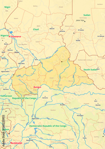 Central African Republic map with cities streets rivers lakes