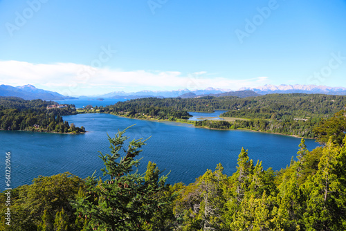 Landscape of Lake Nahuel Huapi. Bariloche, Río Negro, Argentina. Patagonia. Panoramic view. Touristic city. Mountains and lake. pine forests. Islands. 
