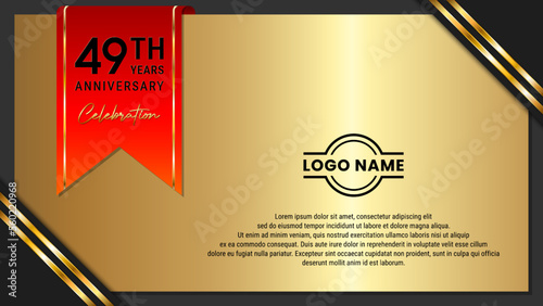 49th Anniversary Celebration. Golden Anniversary template design with red ribbon for birthday celebration event. Vector Template Illustration