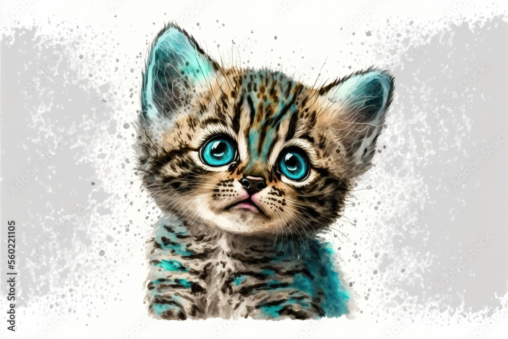 Obraz premium cute young baby kitten with a blue color touch, animal watercolor art, generative ai technology 