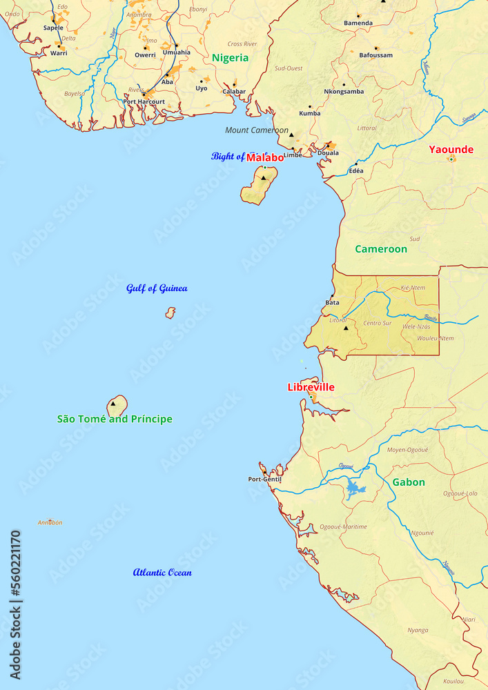  Equatorial Guinea  map with cities streets rivers lakes