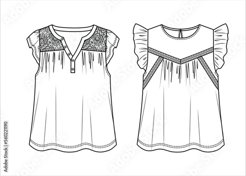 Vector sleeveless top with ruffles fashion CAD, woman tank top with frills and lace details technical drawing, template, sketch, flat. Jersey or woven fabric top with front, back view, white color photo