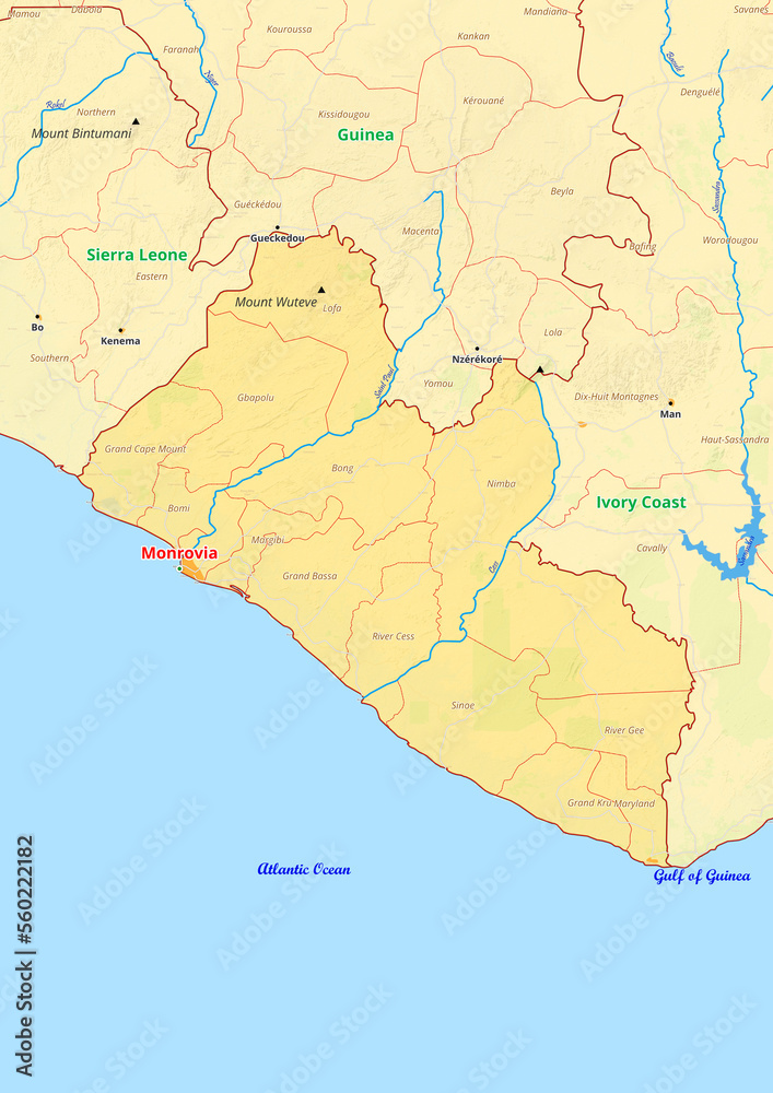 Fototapeta premium Liberia map with cities streets rivers lakes