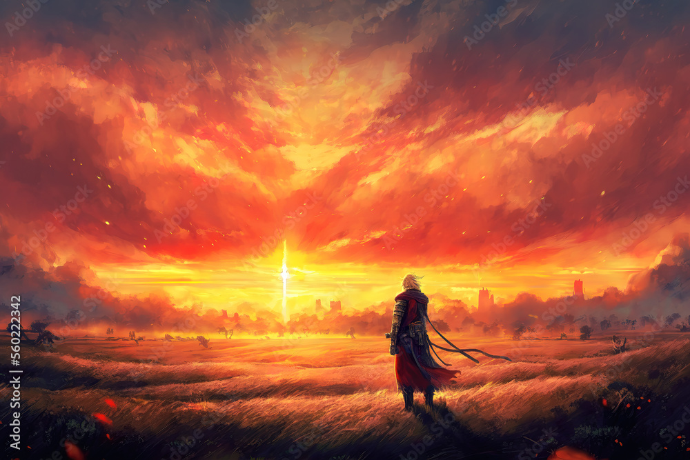 a warrior standing on a field watching the sunset, anime manga art, generative ai technology
