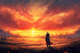 a warrior standing on a field watching the sunset, anime manga art, generative ai technology
