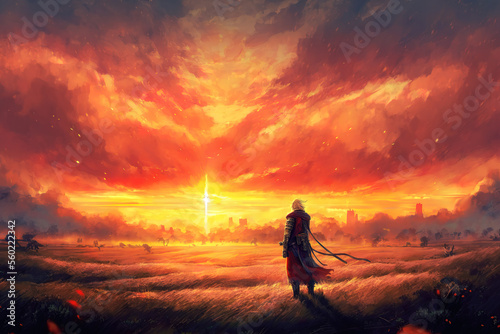 a warrior standing on a field watching the sunset, anime manga art, generative ai technology 
