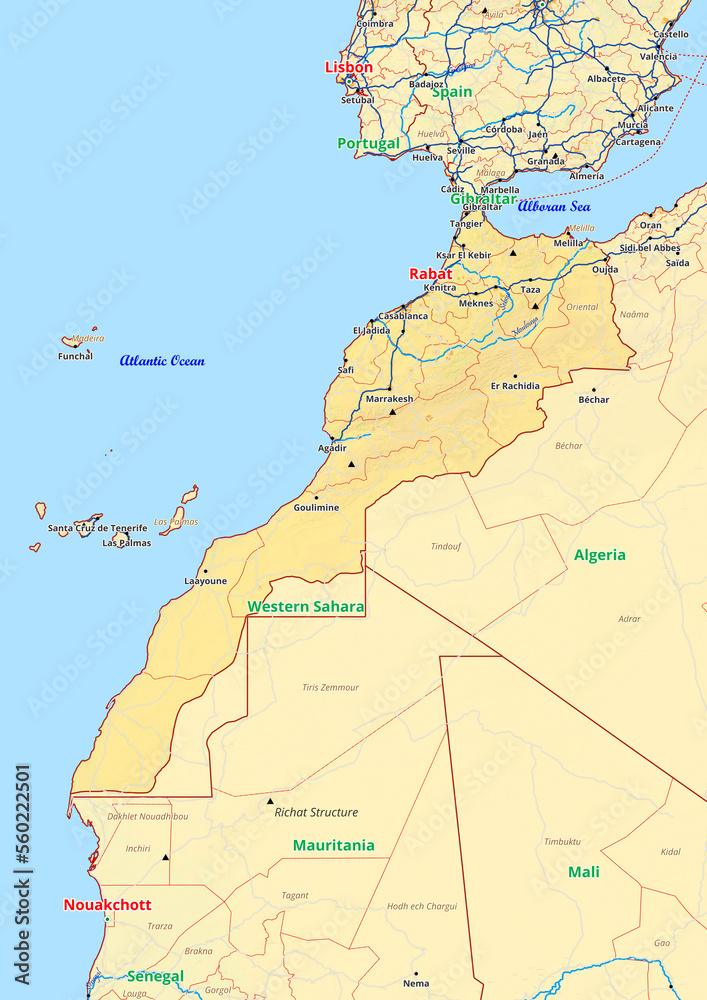 Morocco map with cities streets rivers lakes