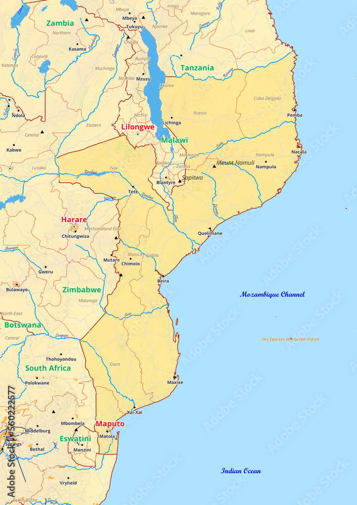 Mozambique map with cities streets rivers lakes