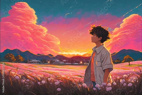 a modern cool looking anime boy standing in a big field and watching the sky, generative ai technology 