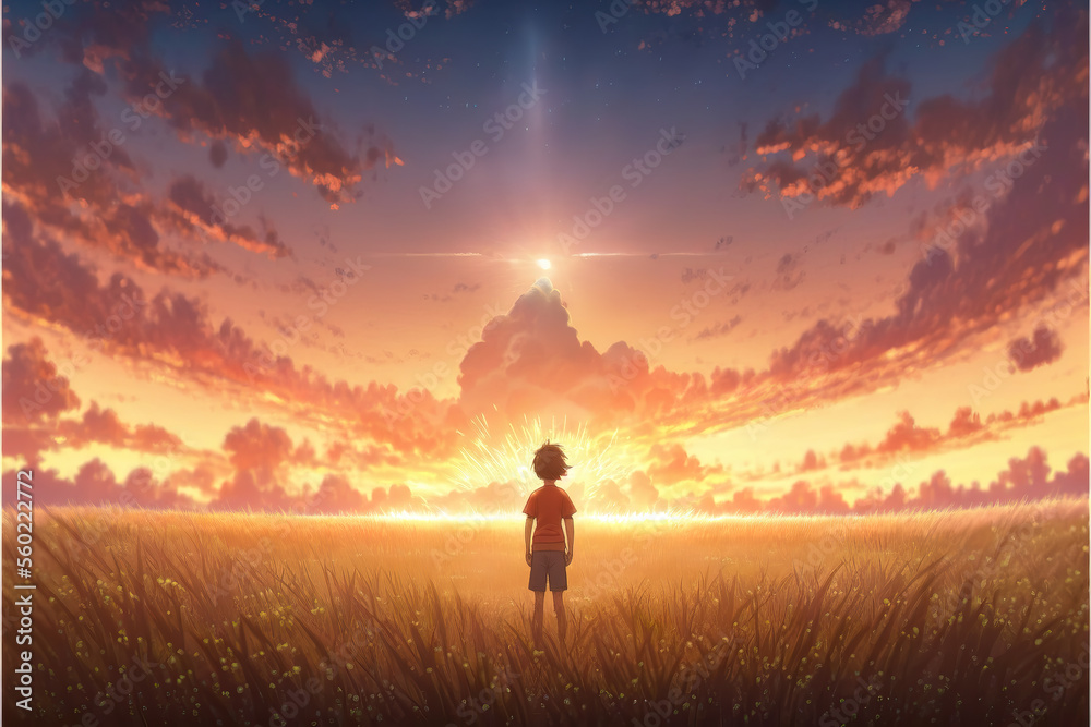 a boy thinking about life in a big lonely field, manga anime art, generative ai technology
