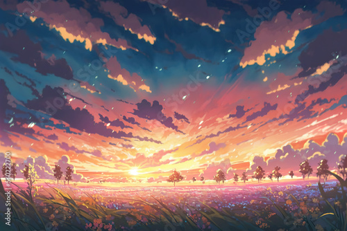 a beautiful anime landscape with a wonderful sky full of clouds, sunset scene, generative ai technology  © Sternfahrer