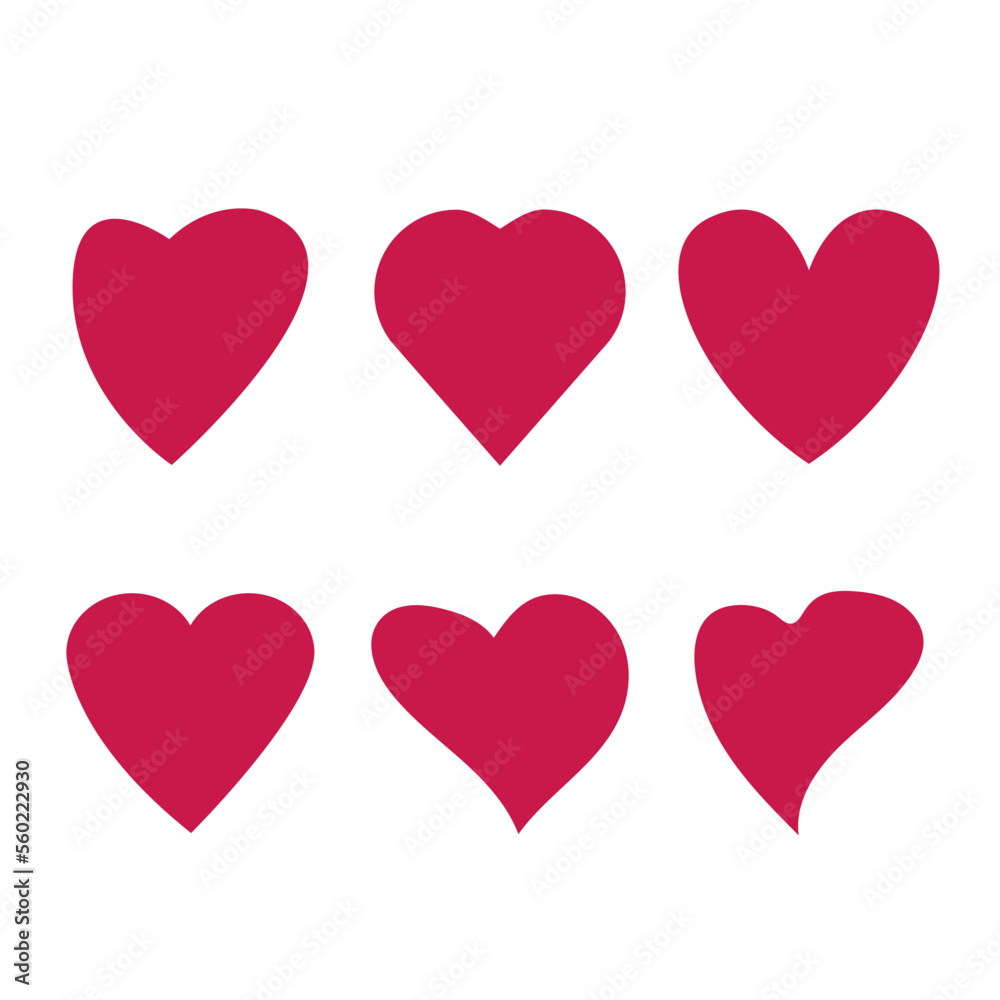 Simple flat set of six different heart shape red outline