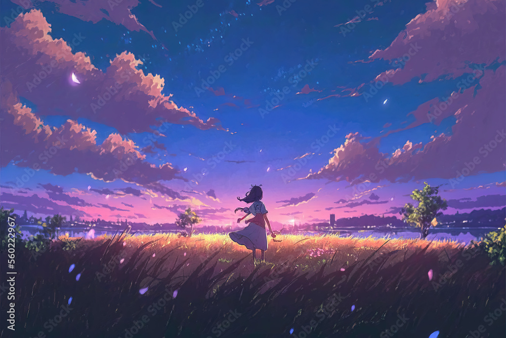 Naklejka premium a beautiful attractive anime girl standing happily in a big field and watching the horizon, manga art, generative ai technology 