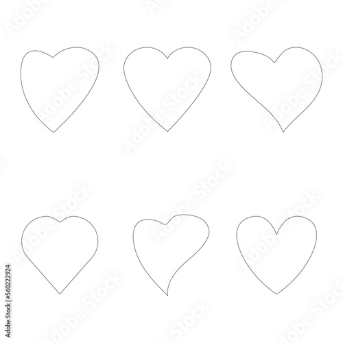 Simple flat set of six different heart shape red outline