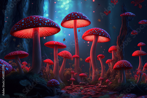 fantasy red mushrooms in a fairy woodland. Generative AI