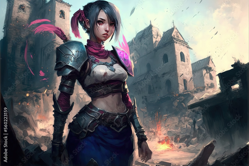 a fantasy anime girl in armor in a medieval war illustration, generative ai technology
