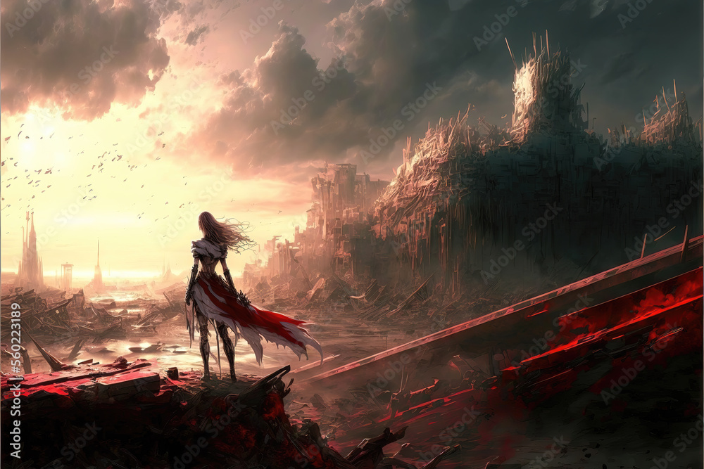 Naklejka premium a beautiful anime woman in heavy armor standing in front of a big fantasy castle, the war is over scene, unhappy artwork, generative ai technology 