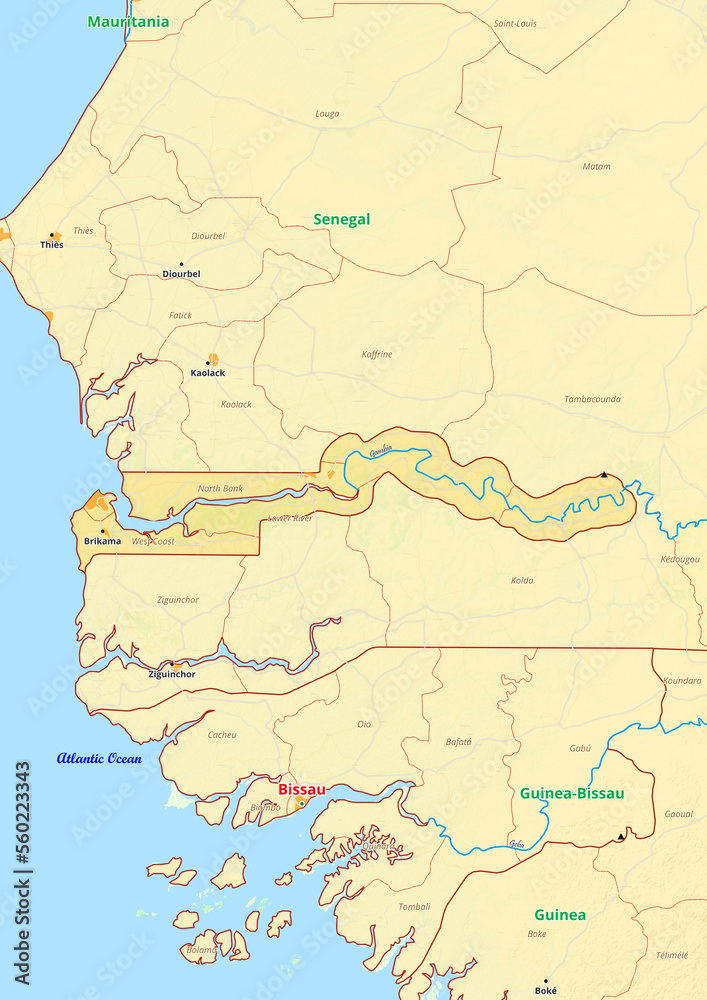 Obraz premium The Gambia map with cities streets rivers lakes