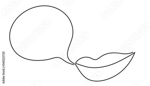 Woman lips with speech bubble one line art, hand drawn smiling mouth continuous contour. Telling dialogue, chat communication. Editable stroke. Isolated. Vector illustration