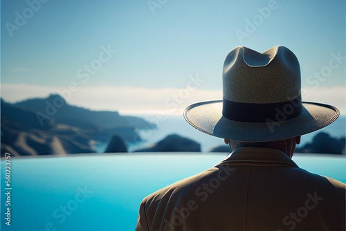 Man in hat overlooking the seascape from the poolside