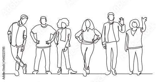 continuous line drawing of diverse group of standing people team members friends employees - PNG image with transparent background