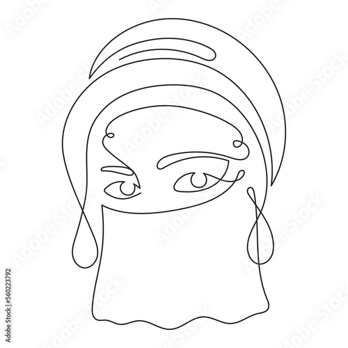 Eastern woman in turban and veil, one line art, hand drawn oriental arab girl dressed in chador continuous contour.Traditional ethnic clothing.Editable stroke. Isolated. Vector illustration