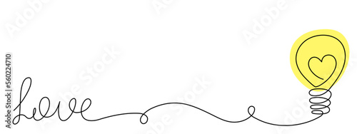 Lightbulb with love,one-line continuous contour,hand-drawn electric device contour outline.Electric lighting and illumination romantic decoration design.Editable stroke.Isolated.Vector illustration