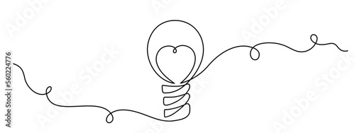Lightbulb with heart one-line continuous contour,hand-drawn electric device contour outline.Electric lighting and illumination romantic decoration design.Editable stroke.Isolated.Vector illustration