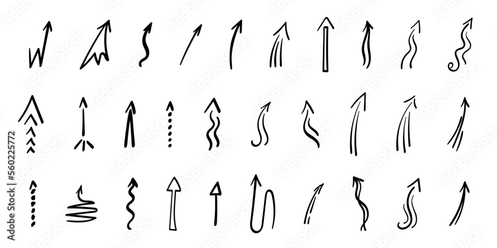 Arrows up set. Hand drawn direction indicator elements. Simple doodle pointers for interface design, cursors upwards.Isolated.Vector illustration