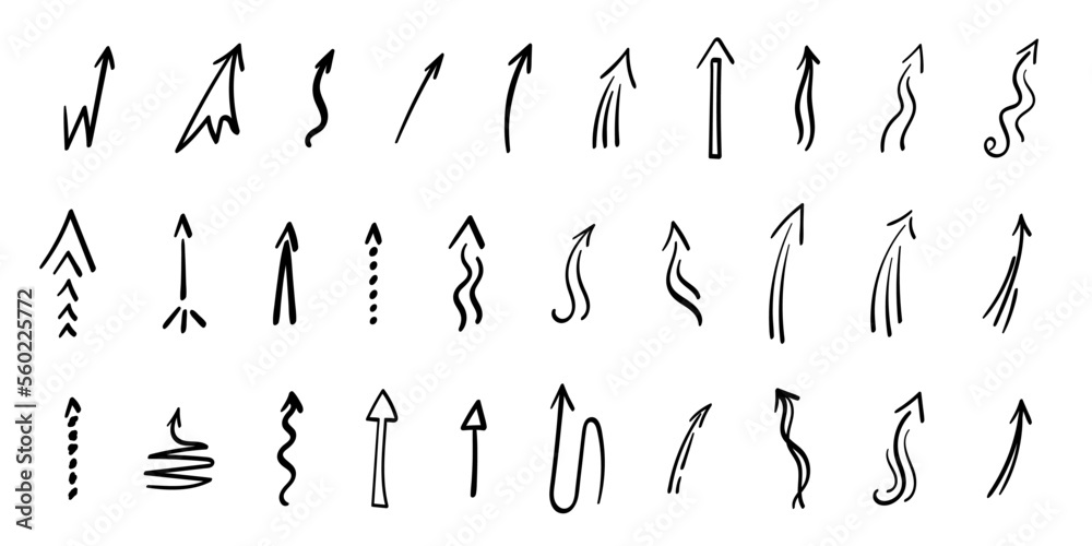 Arrows up set. Hand drawn direction indicator elements. Simple doodle pointers for interface design, cursors upwards.Isolated.Vector illustration Arrows up set. Hand drawn direction indicator elements. Simple doodle pointers for interface design, cursors upwards.Isolated.Vector illustration