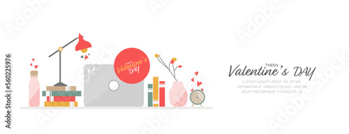 Happy Valentine's Day banner. Cozy workspace concept. Modern minimal design.