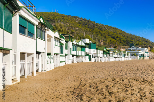 Perspective views of the old fishermen's huts on the beach of Garraf, Catalonia, Spain