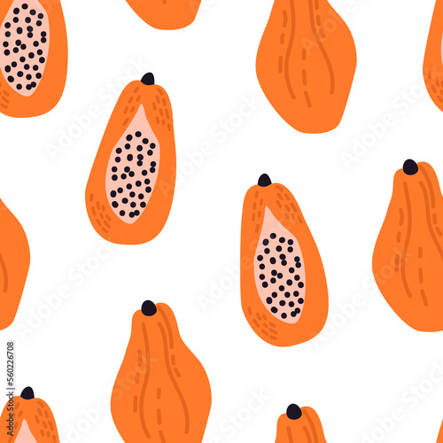 Seamless pattern with papaya exotic fruits. Cute vector summer background