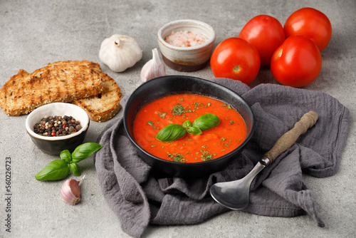 Classic tomato soup with basil and dried green herbs on a gray background