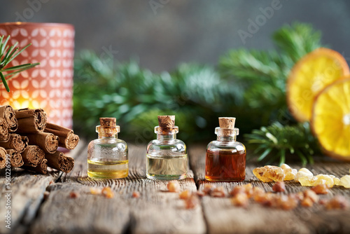 Christmas essential oils with frankincense, myrrh, cinnamon and fir