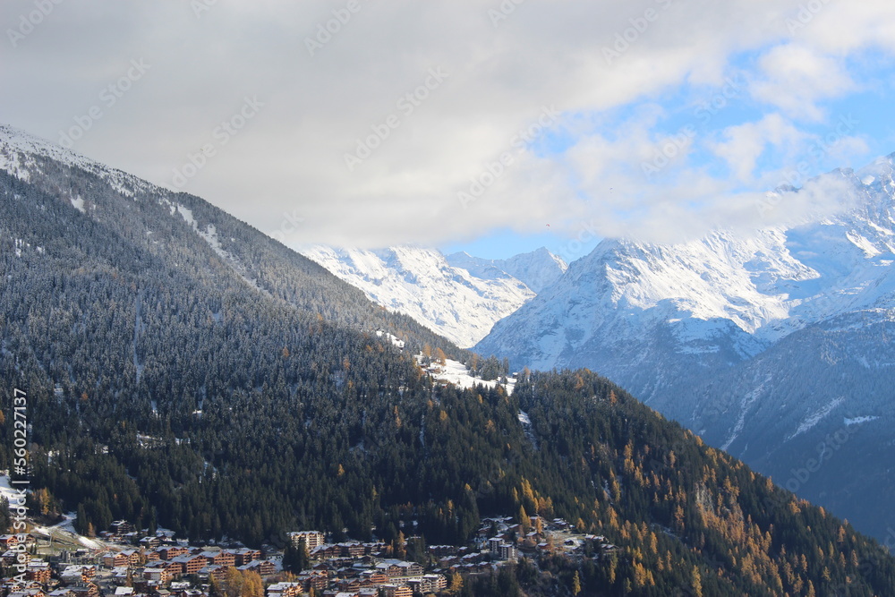 View of the Swiss alps over the ski resort town of Verbier, Valais, Switzerland in autumn