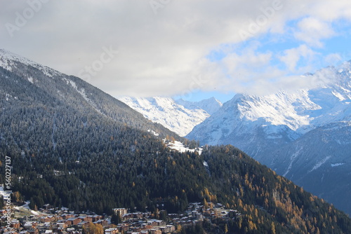 View of the Swiss alps over the ski resort town of Verbier  Valais  Switzerland in autumn