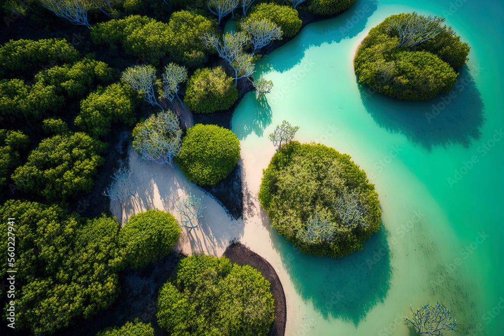 Mangroves in Senegal. Mangrove forest from above at Senegal's Saloum Delta National Park, Joal Fadiout. Drone taken aerial photo. African Natural Scenery. Generative AI