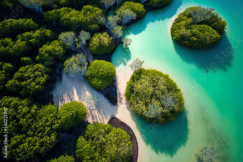 Mangroves in Senegal. Mangrove forest from above at Senegal's Saloum Delta National Park, Joal Fadiout. Drone taken aerial photo. African Natural Scenery. Generative AI