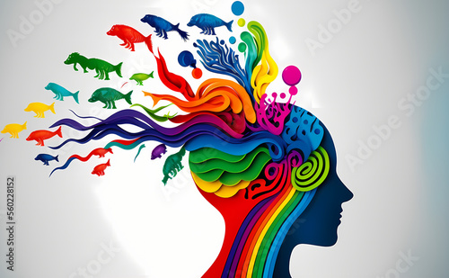 concept of a colorful creative mind person, 2d face, white background, illustration digital generative ai design art style