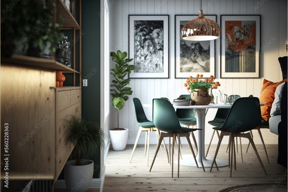  a dining room with a table and chairs and pictures on the wall above it and a plant in the corner of the room with a potted plant on the table and a chair in the. Generative AI