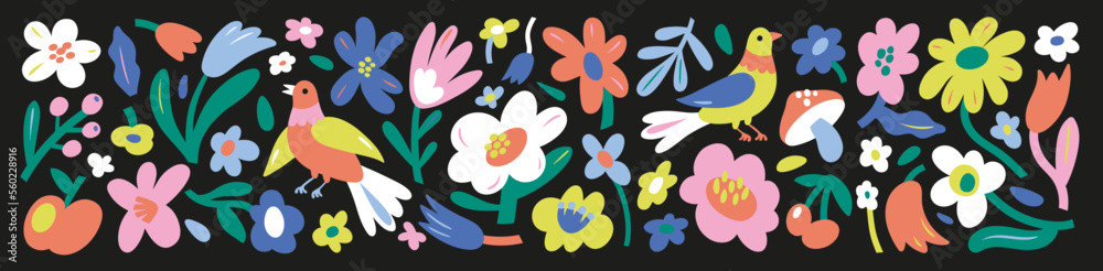 Collection of abstract modern floral elements. Botanical set in flat minimalist style. Contemporary art. Decorative flowers, leaves and birds isolated on a black background. Vector illustration.
