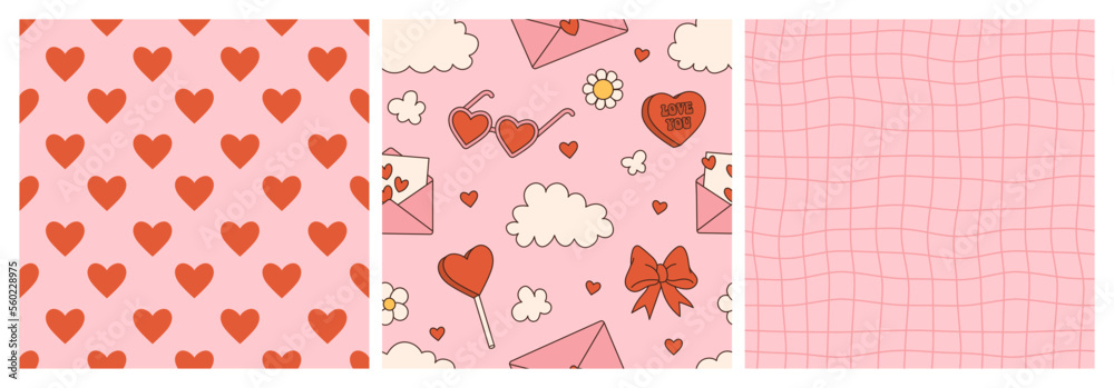 Groovy lovely backgrounds. Love concept. Happy Valentines day greeting card. Funky pattern and texture in trendy retro 60s 70s cartoon style. Vector seamless pattern in pink red colors. - obrazy, fototapety, plakaty 
