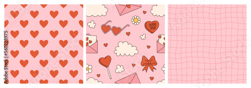 Groovy lovely backgrounds. Love concept. Happy Valentines day greeting card. Funky pattern and texture in trendy retro 60s 70s cartoon style. Vector seamless pattern in pink red colors.